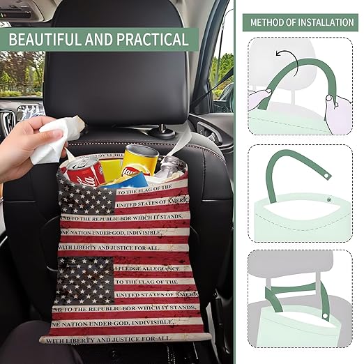 AXZOPDE Cute Car Trash Can, Hanging Canvas Car Back Seat Organizer and Storage Bag, Funny Car Trash Bag For Travelling, Outdoor Cute American Flag Print