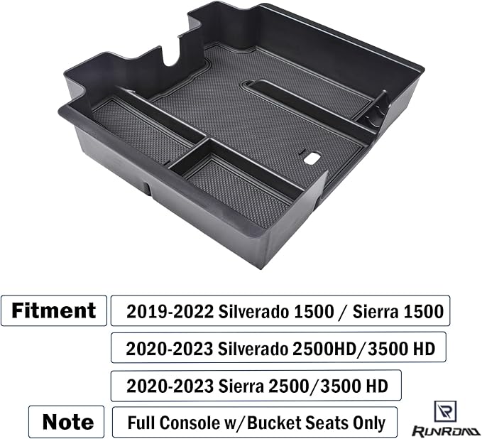 RUNROAD Center Console Organizer Tray Compatible with 2019-2022 Chevy Silverado 1500/GMC Sierra 1500 and 20-23 Silverado/Sierra 2500HD/3500HD Accessories, Full Console with Bucket Seats ONLY, Black