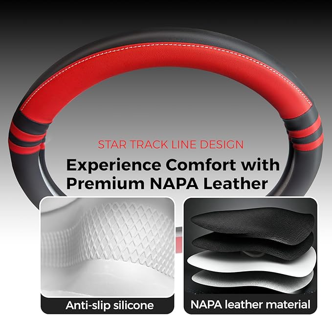 Steering Wheel Cover, Two-Tone Black and Red NAPA Leather, Non-Slip and Sweat Absorbent, 15" Steering Wheel Covers for Men Women, Black (Red, M-15)