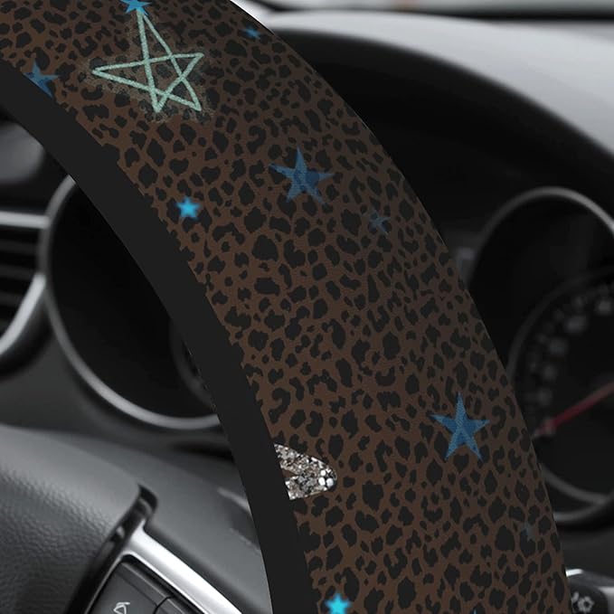 Cute Steering Wheel Cover for Women, Machine Washable Universal 14.5-15.5 inch Non-Slip Grip All Weather Use (Brown Leopard Stars)