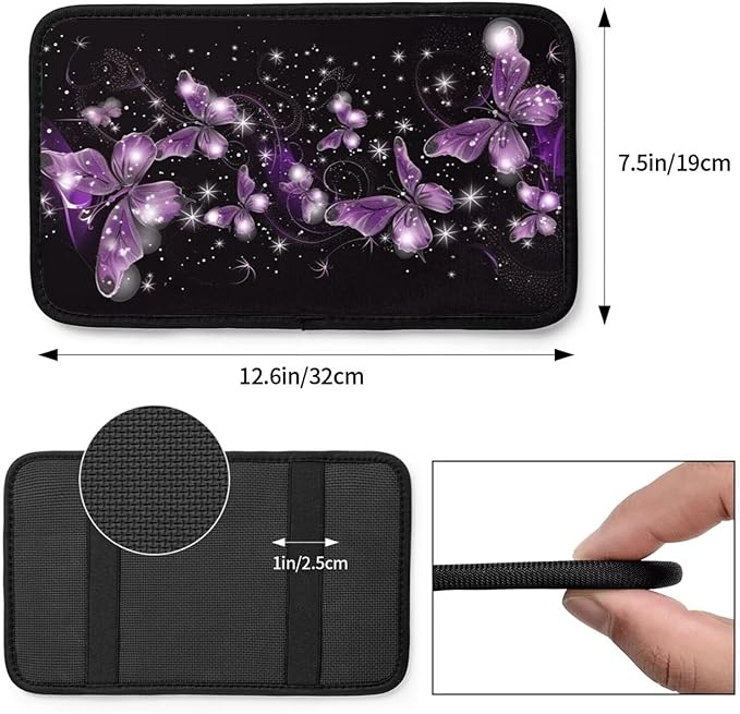 Car Auto Center Console Pad Purple Butterfly Print Universal Armrest Seat Box Cover Glitter Star Car Interior Accessories Polyester Auto Armrest Cover Protector for Most Vehicle, SUV, Truck