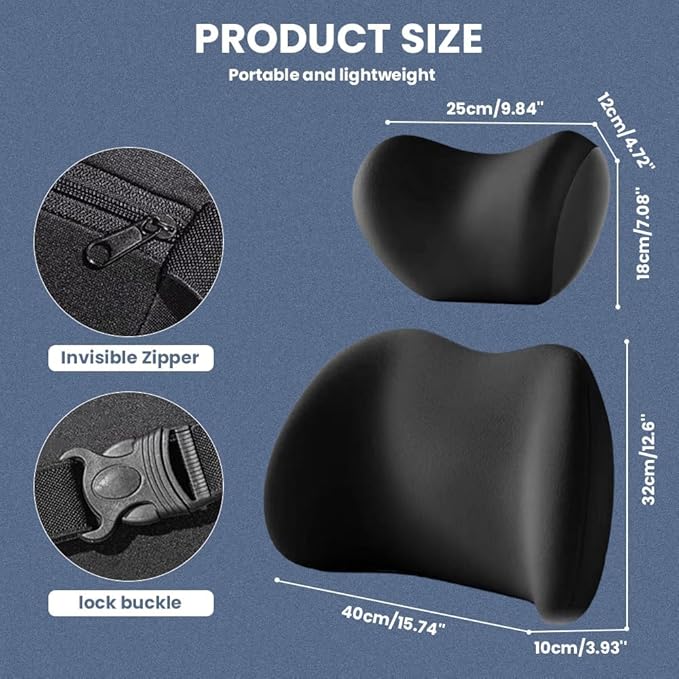 Car Headrest & Lumbar Support Cushion, 2025 Upgrade Car Lumbar Support Pillow and Car Neck Pillow Kit, Ergonomic Car Seat Headrest & Lumbar Cushion for Neck Back Pain Relief (Grey)