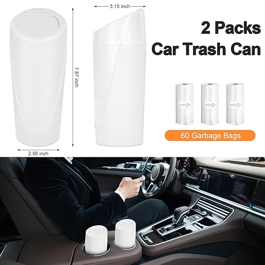 Kincown Car Trash Can, 2 Packs Mini Car Trash Bin with Lid, Leakproof Cup Holder Car Garbage Can with 60 Trash Bags, Vehicle Front Back Seat Organizers and Storage for Car, Home, Office, White