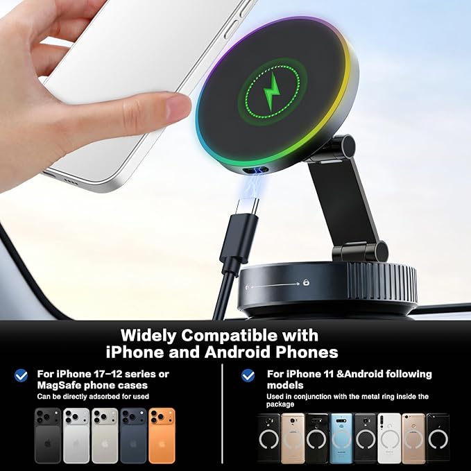 Wireless Car Mount Charger for MagSafe [15W Faster Charging, 120+LBS Suction & 2800gf Strongest Magnetic, RGB Lighting] 360° Adjustable Vacuum Phone Holders for Your Car Charger for iPhone