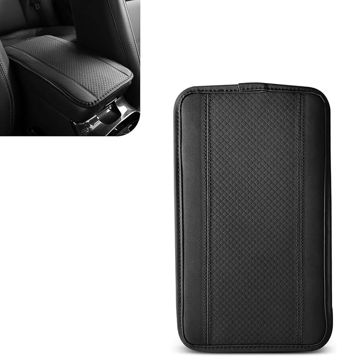 Hugwits Car Center Console Armrest Pad, 7.48" x 12.6" Leather Waterproof Armrest Box Mat with Straps, Wear-Resistant Car Center Console Seat Box Cover, Universal for Most Cars (Black Stitching)