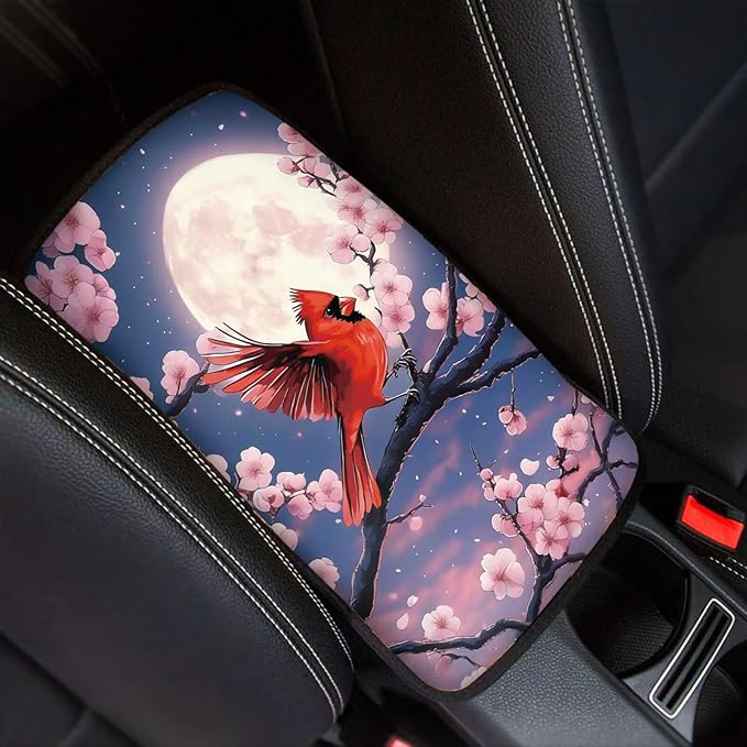 Cardinal Moon Print Armrest Cushion Cover for Car Cherry Blossom Print Car Center Console Armrest Cover Neoprene Car Arm Rest Pad