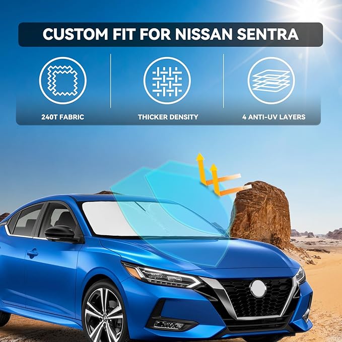 for Sentra 2020-2025 Windshield Sun Shade - 4 Layers Car Sunshades for Front Windows Shade Cover Custom Fit Sentra Sun Visor 240T Retractable Shade Blocks UV Rays Car Accessories