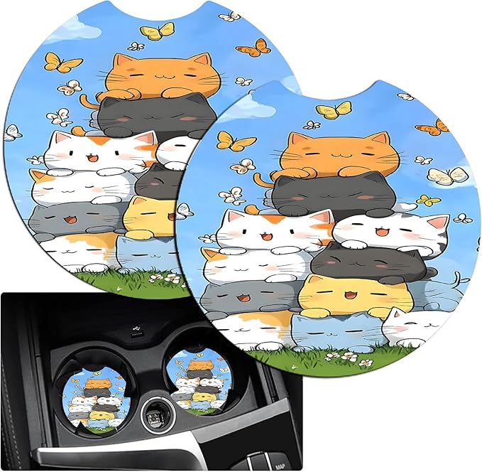 JANENFNA Car Armrest Cover Pads Universal Fashion Cute Auto Center Console Armrest Cover Pad with 2PCS Car Coasters Soft Waterproof Car Armrest Seat Protector for Women,Cute Cat Butterfly