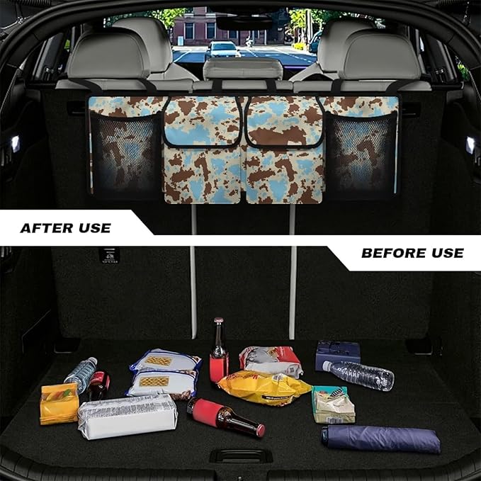 SEANATIVE Blue Brown Cow Car Trunk Organizer, Backseat Hanging Organizer with 4 Pockets, Waterproof Collapsible Cargo Storage Bag, Car Interior Accessories Car Seat Organizer for SUV, Truck, MPV