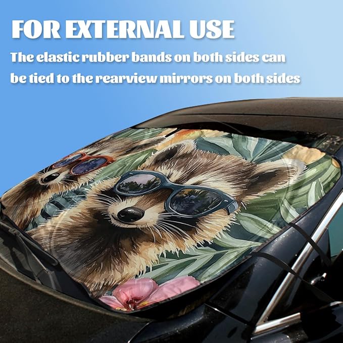Cute Raccoon Car Windshield Sunshades Tropical Floral Sunglasses Animals Front Window Sun Shade Rays Sun Shade Visor Protector for Car Sedan Truck SUV Accessories 59" L x 31.5" W