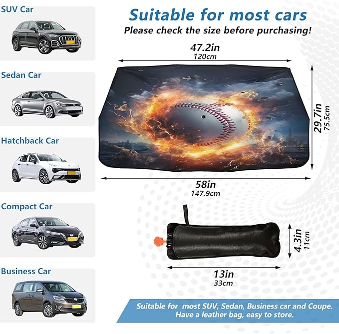 Maunzc Baseball Fire Car Windshield Sun Shade Umbrella - 360° Rotation Bendable Handle Foldable UV Block Sunshade Heat Insulation Protection for Auto, Trucks, Cars