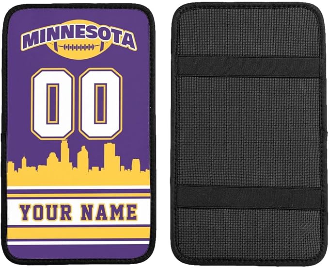 Custom Minnesota Car Armrest Covers Personalized Football Style with Name Number Customized Auto Center Console Pad Car Handrail Box Cushion for Most Vehicle Decor Accessories, Fans Gift
