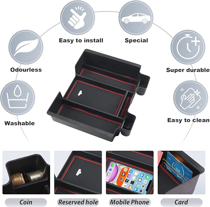 SKTU for 2019-2022 Silverado/GMC Sierra 1500 Center Console Organizer Insert ABS Black Materials Tray Armrest Secondary Storage Box Latest Interior Accessories with Coin and Sunglasses Holder (Red)