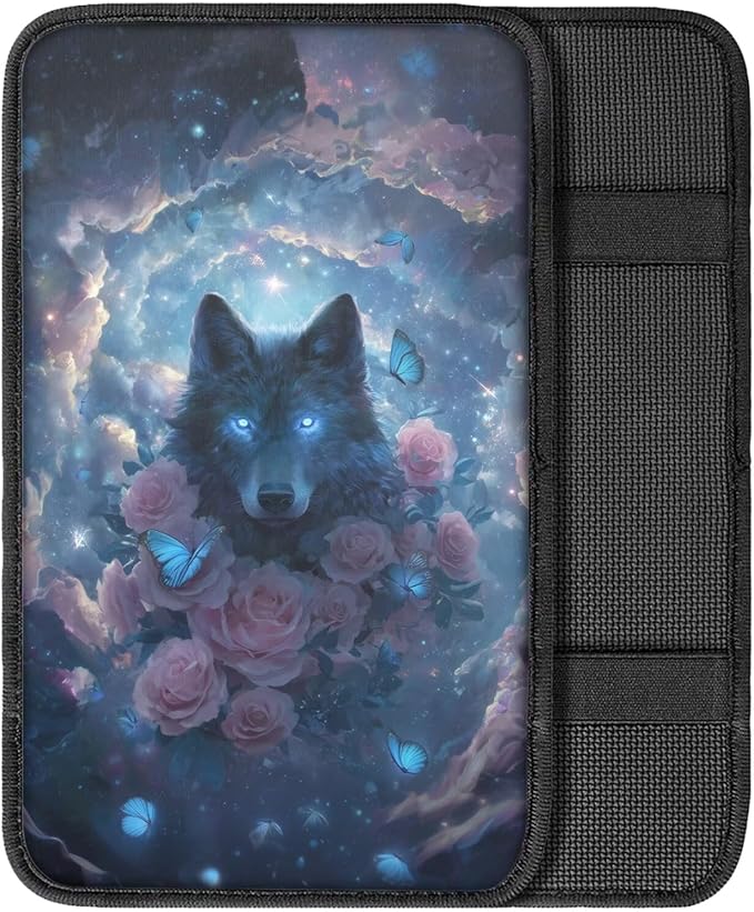 Wolf Rose Print Car Arm Rest Cover Pad Dust-Proof Anti-Slip Center Console Cushion Pad Universal Car Interior Decor Accessories for Truck Sedan SUV, Easy to Install