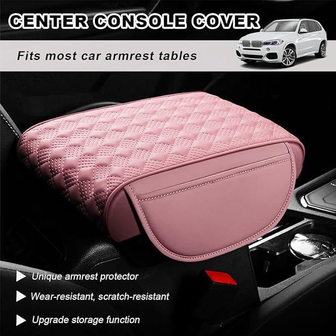 Car Center Console Cover, 12.6"×8.7" Waterproof Leather Auto Armrest Box Protector Elbow Pillow with Storage Pocket, Comfortable Memory Foam Arm Rest Box Cushion Pad, Car Accessories (Pink)