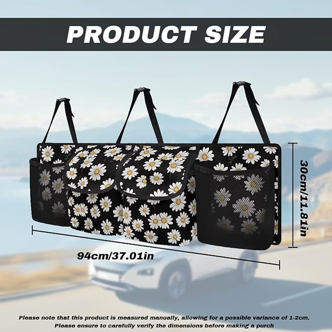 Daisy Trunk Organizer with 4 Pockets, Adjustable Car Organizers Storage Back Seat Car Organizer Machine Washable, Make The Trunk of Your Car Look Neat and Tidy