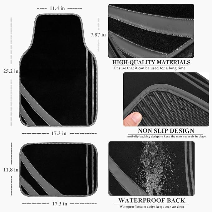 CAR PASS Carpet Car Floor Mats, Edge Leather Waterproof Car Mats with Double Stitch Line and Anti-Slip Backing Design, Fit 95% Automotive,SUVS,Sedan,Vans (Black and Gray)