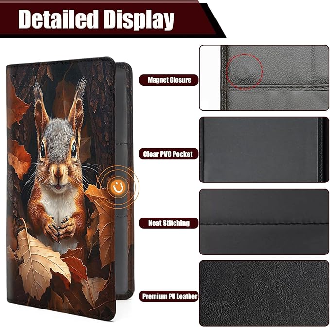 Car Registration Holder, PU Leather Vehicle Glove Box Organizer for Driver License, Document, Car Insurance Holder with Magnetic Shut, Auto Paperwork Wallet Case Accessories, Cute Squirrel Pattern