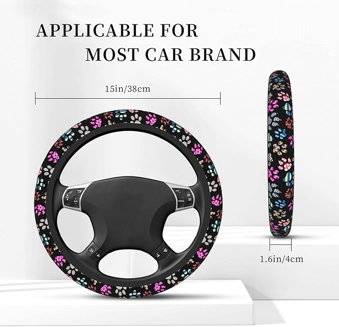 Dog Paw Print Steering Wheel Cover Anti-Slip,Sweat Absorption Universal 15 inch Steering Wheel Covers Cute car Accessories for Men Women
