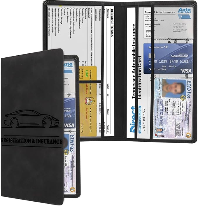 Car Registration & Insurance Card Holder PU Leather Vehicle Glove Box Organizer for License, ID, and Documents (Black)