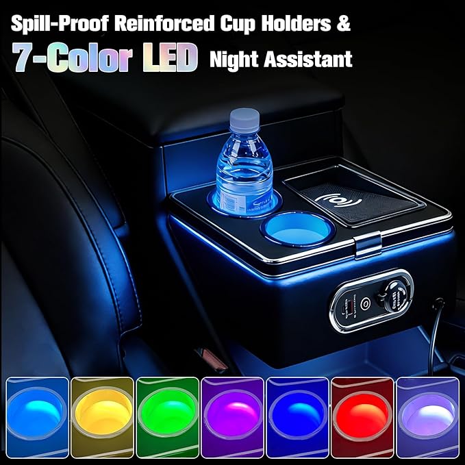 Center Console Organizer for Minivans, SUVs & Middle Van Seats - Floor-Mounted Lockable Storage Box with Dual Cup Holders, 7-Color Ambient Light & Wireless Charging, Ideal for Vehicle Interior