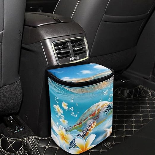 Talayituse Turtle Starfish Conch Plumeria Print Car Trash Can with Lid, Leak Proof Auto Trash Bag Hanging Vehicle Garbage Can Multipurpose Storage Container for Back Seat Road Trip