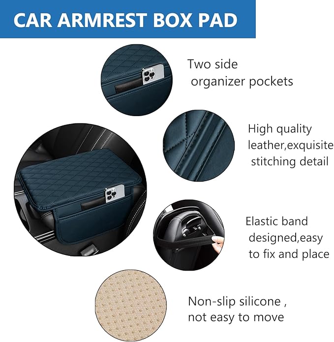 Car Center Console Cover Leather Armrest Cover Cushion with 2 Storage Bags Universal Car Armrest Seat Box Pad Car Interior Accessories Protector for Most Vehicle