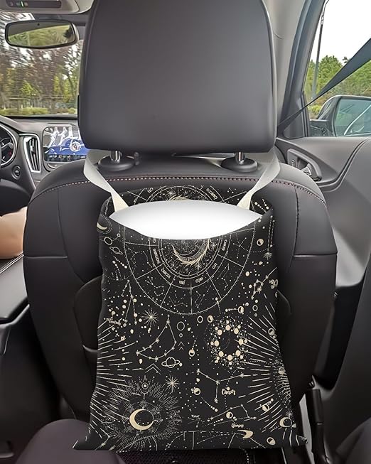 APVDSH Car Trash Can, Seat Back Hanging Car Trash Bag, Cute Canvas Car Garbage Bag, Essential Car Trash Bin Car Organizers Sun and Moon