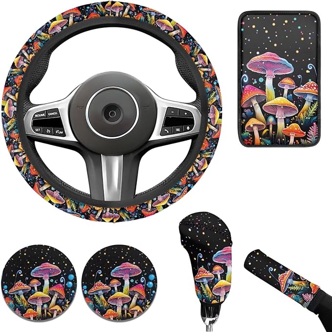 Colorful Mushroom Car Steering Wheel Cover Auto Interior Accessories 6 PCS Cup Coaster Cars Handbrake Cover Fits Most Car Truck Van and SUV