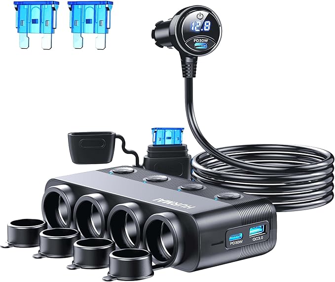 Cigarette Lighter Splitter Adapter 216W 4 Socket Heavy Duty Truck Car USB Chager Multi Port with PD30W/QC3.0 Charge USB C 12V/24V Independent Switches & Dust Cover & Waterproof for Car Devices