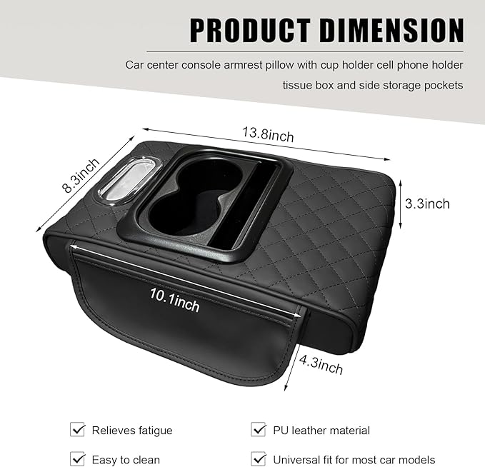 Car Center Console Armrest Pillow, Leather Arm Rest Cover Pad with 2 Storage Pockets Cup Holder & Phone Slot, Soft Middle Console Cushion Protector for Most Vehicles (Black, Embroidered)