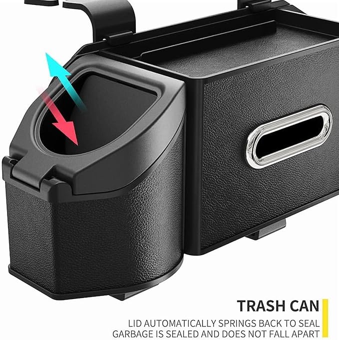 Car Organizer Back Seat, 4-In-1 Car Back Seat Organizer with Drink Cup Holder Tissue Box Trash Can Phone Holder, Adjustable Headrest Storage Organizers with Hooks Automotive Seat Storage Box