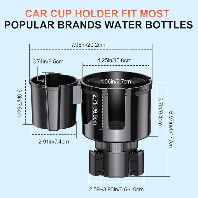 2-in-1 Car Cup Holder Expander, Upgraded Cup Adapter for Car with Offset Option,Phone Holder - Adjustable Base,Versatile Car Accessories Fits Yeti,Hydroflask & Large Water Bottles in 2.2"-4.2" (Black)