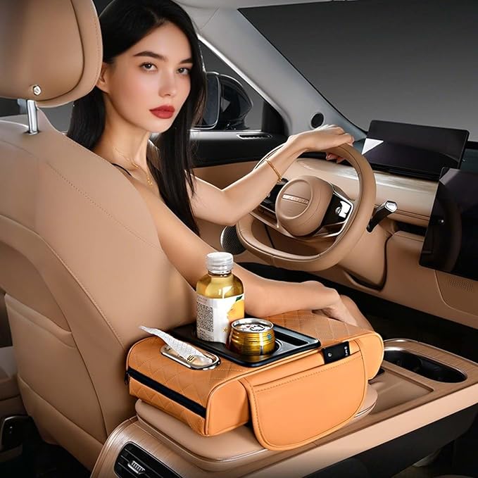 Multifunctional Car Armrest Cushion with Integrated Booster, 2026 Upgraded Universal Style Memory Cotton Car Armrest Box Pad, Car Center Console Armrest Pillow, with 2 Cup Holder (Orange)