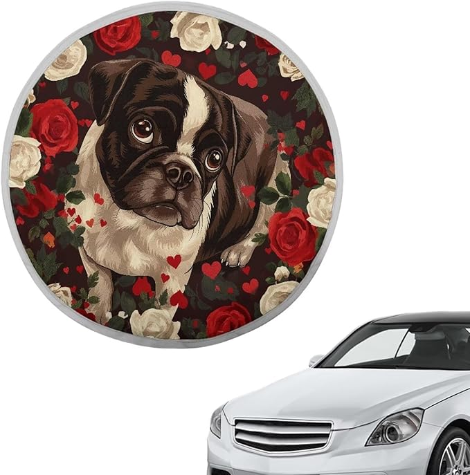 17x17 inch Steering Wheel Sun Shade Retro Pug Dog Love Pattern Universal Block UV Rays Car Rudder Visor Steering Wheels Accessories Universal Fit Car SUV Truck Van