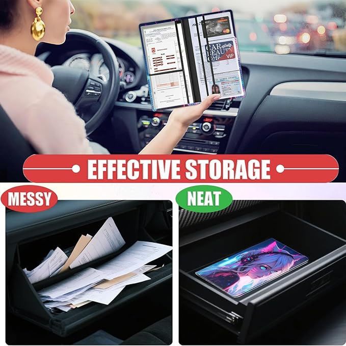Car Registration Holder, Waterproof PU Leather Vehicle Card Document Glove Box Organizer, Women Interior Auto Accessories Case for Cards, Driver License Car Insurance Holder, Cat Girl Blue Neon Anime