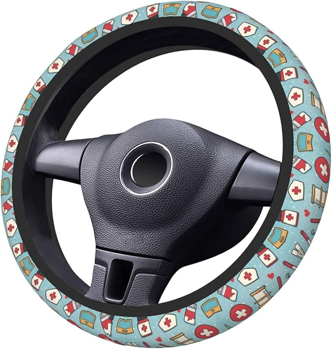 Nurse Whimsy Blue Universal Fit Steering Wheel Cover for Car, Truck, and SUV, Durable Steering Wheel Protection