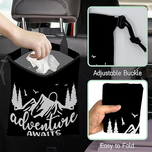 NHNXHWIA Adventure Awaits Car Garbage Bag,Nature Mountain Waterproof Small Car Trash Bag Hanging Back of Seat,Drawstring Hanging Car Trash Bag with Adjustable Buckle for Car Accessories
