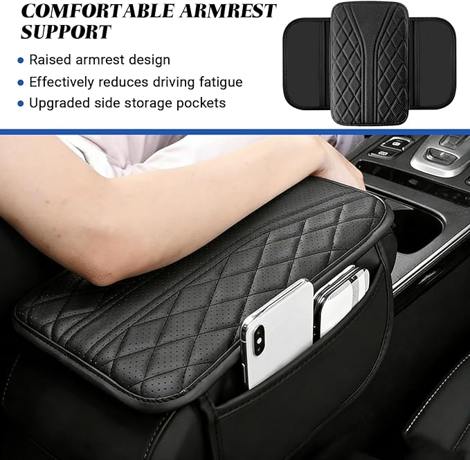 KoiLuvGo Upgraded Car Center Console Cover, Leather Auto Armrest Cover with 2 Storage Bags, Waterproof Center Console Protective Pad, Universal Cars Armrest Storage Box for Sedan, SUV, Truck (Black)