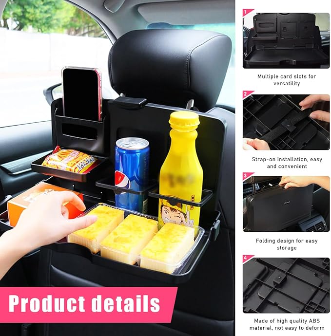 Foldable Car Food Tray Holder, Multi Functional Portable Backseat Tray Desk for Eating, Drinking and Writing, Laptop Work