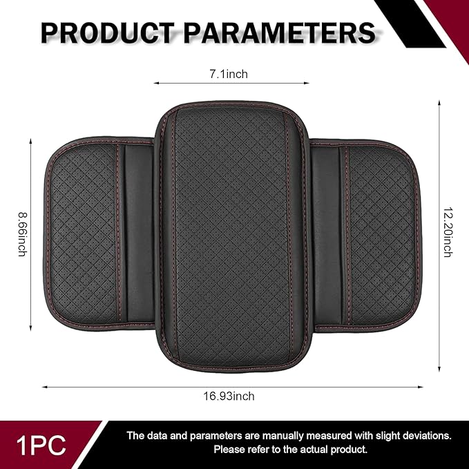 Car Center Console Cover, Perforated Leather Armrest Cushion with 2 Storage Bags, Plaid Arm Rest Box Pad, Car Armrest Storage Box Interior Accessories for Most Vehicles (Black & Red)