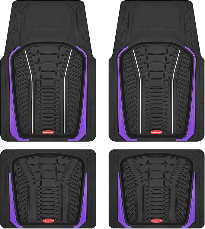Rubbermaid Car Floor Mats Full Set – Premium All-Weather Car Mat with Brushed Aluminum Inserts, Universal Trim-to-Fit Design, Anti-Slip Backing for Cars, SUVs, Trucks, and Vans