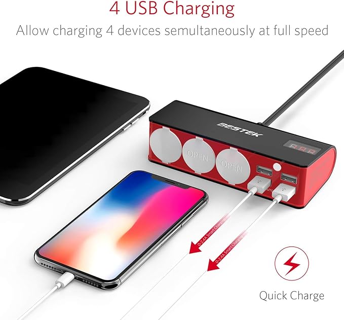 BESTEK 3-Socket Multi Port 200W Cigarette Lighter Car Power Adapter for 12V/24V DC Plug Outlet Supply 6A 4- Port Car USB Splitter Charger with Samsung Galaxy S9