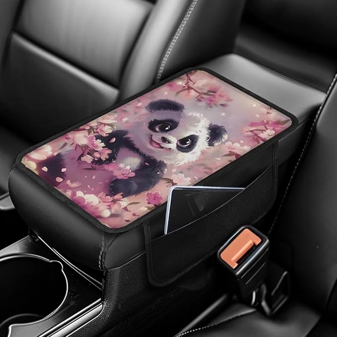 BIGCARJOB Cute Panda Armrest Cover wor Cars Pink Middle Console Cover Armrest Pad with Pocket Automotive Armrest Cover Cushion with Side Pockets,Universal Fit