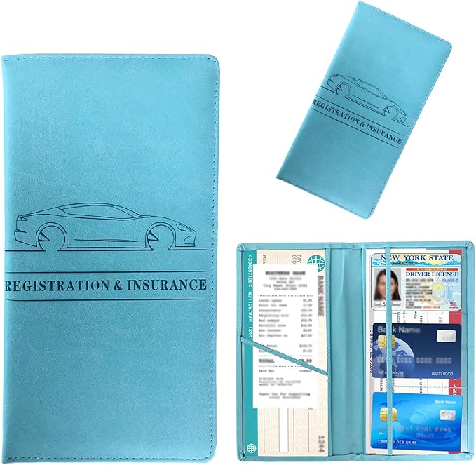 Kewucn Car Registration and Insurance Card Holder, Leather Auto License Document Glove Box Compartment Organizer, Essentials Vehicle Wallet Case for Driver License, ID Card (Light Blue)