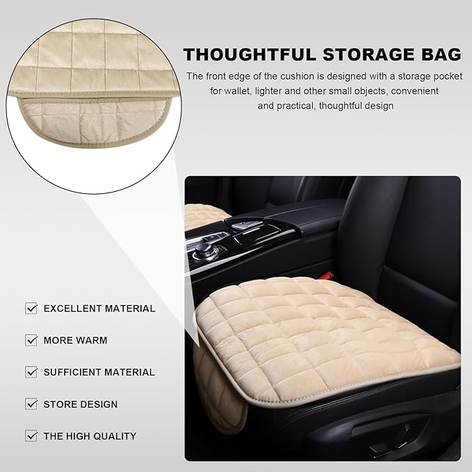 Car Seat Cushion, Soft Plush Auto Seat Cover with Non-Slip Silicone Bottom & Storage Pocket, Universal Breathable Vehicle Seat Cushion Pad for Car Truck SUV, Car Accessories (Beige)