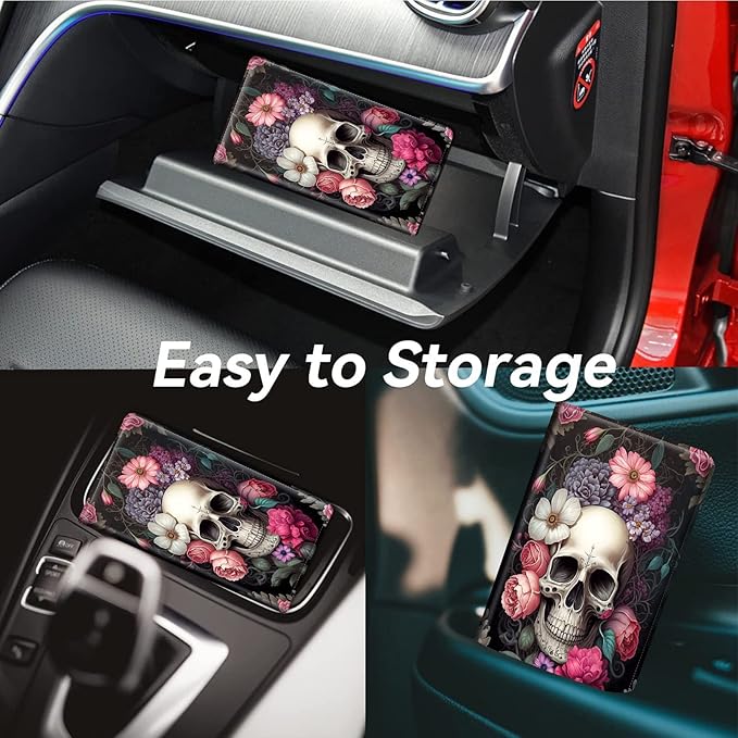Mxfdegf Car Registration & Insurance Holder, Leather Glove Box Organizer, Cool Accessories for ID, Driver's License Cards & Essential Documents, Men & Women's Business Cards, Rose Skull Flower
