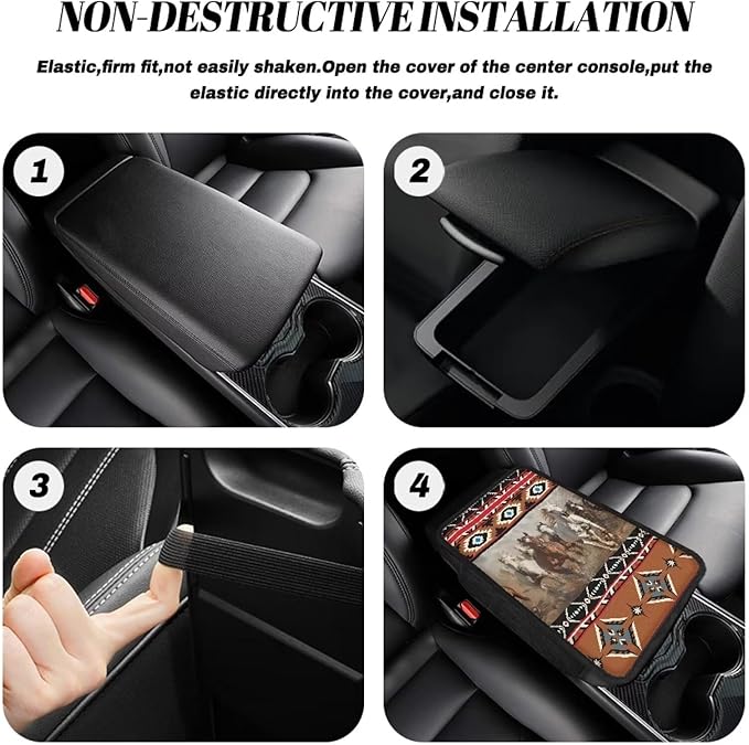 Dreaweet Aztec Ethnic Tribal Horse Pattern Car Center Console Cover with Pockets Soft Comfy Car Arm Rest Cover Pad Universal Non-Slip Armrest Cover for Car Truck Van
