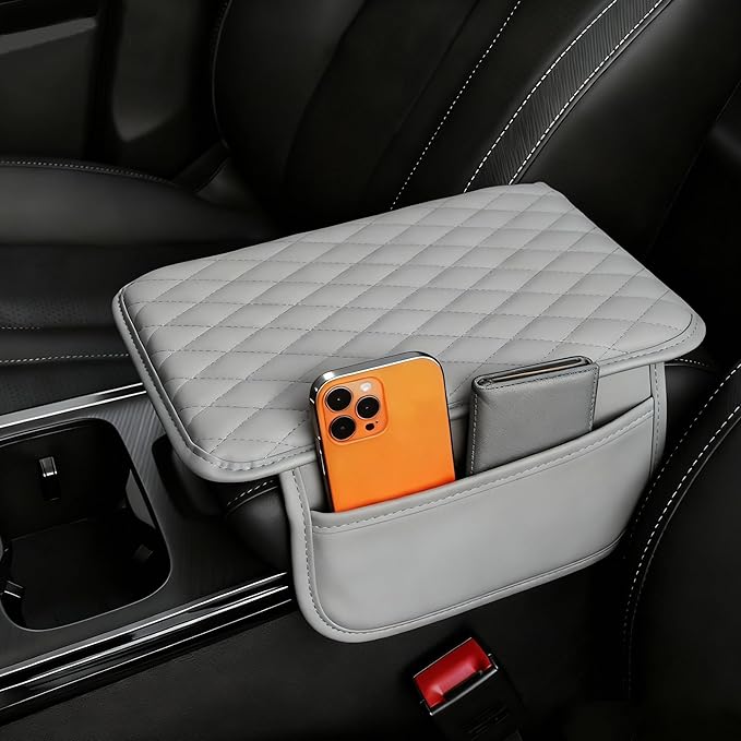 Upgraded Car Center Console Cover, Leather Armrest Cushion Pad with 2 Storage Bags, Microfiber Soft Waterproof Seat Box Cover Protector, Car Interior Decor Accessories Fit for Most Cars, Vehicles