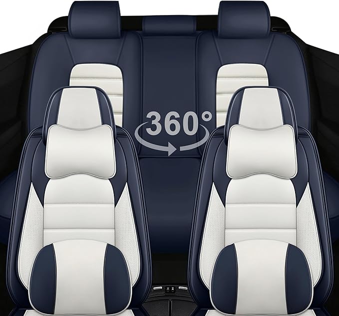 AREKA 5 Car Seat Covers for Honda Accord 2003-2026 Breathable Leather,Waterproof Car Seat Protectors with Comfort Headrest Pillows,Automotive Vehicle Cushion with Storage Pockets (Luxury,Blue)